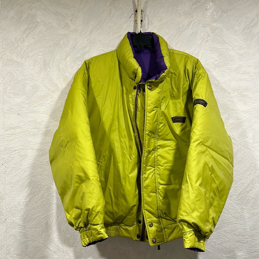Men's Lime Green Puffer Jacket with Purple Lining